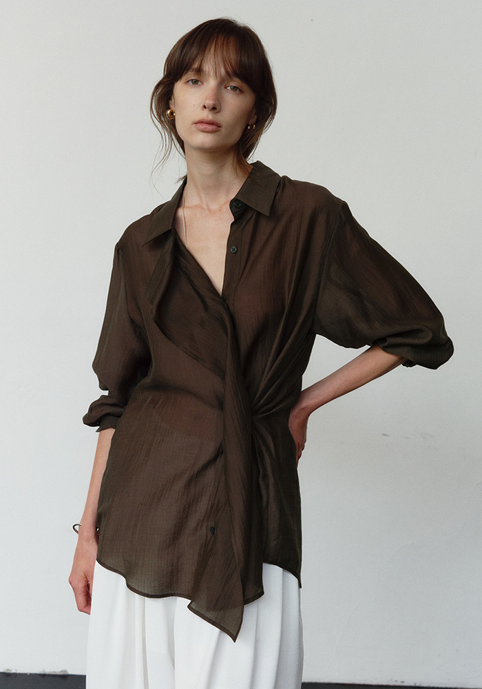 STRIPE OVERLAP SHIRT_DARK BROWN