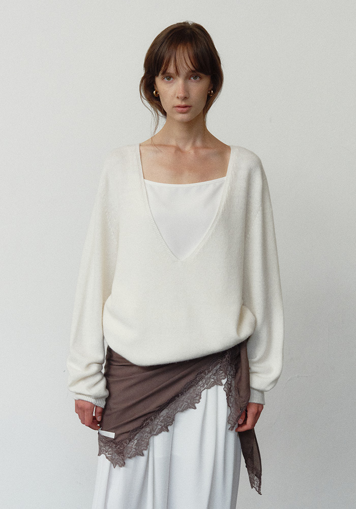CASH WOOL DEEP V_NECK KNIT_IVORY