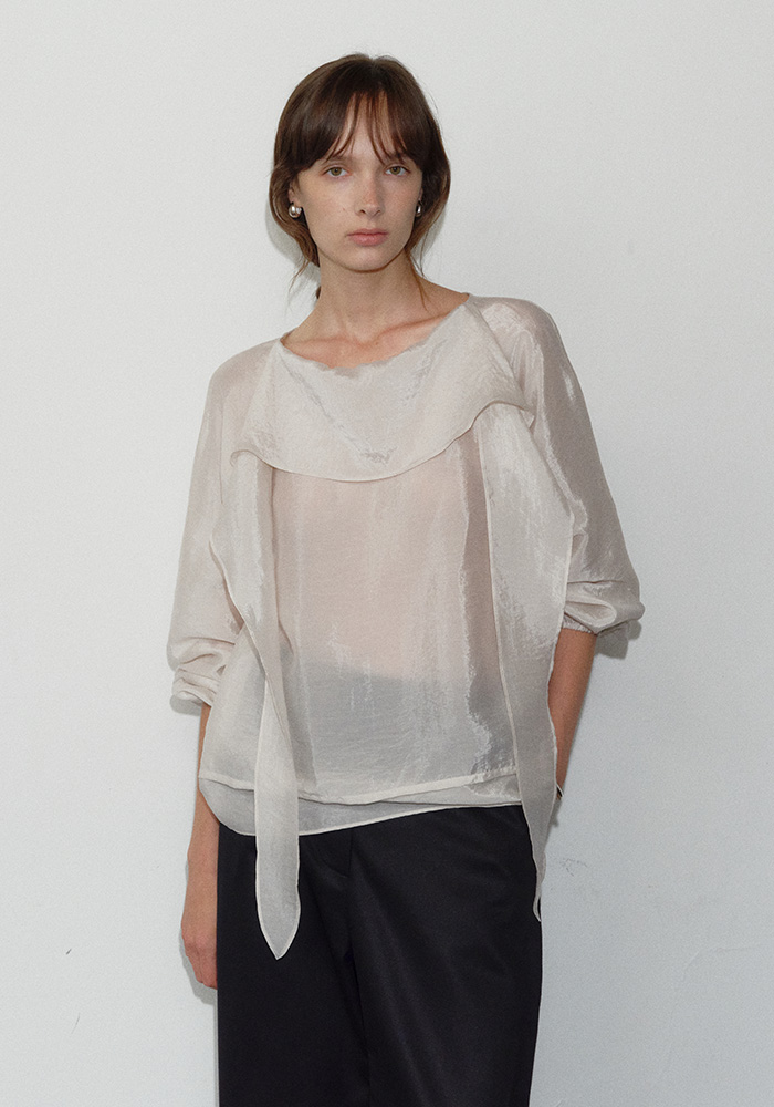 FILAMENT RAYON TIE SCARF BLOUSE_ASH GREY