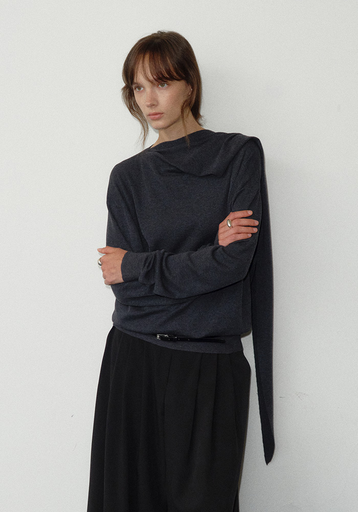 WOOL SILK DRAPE SCARF KNIT_CHARCOAL GREY