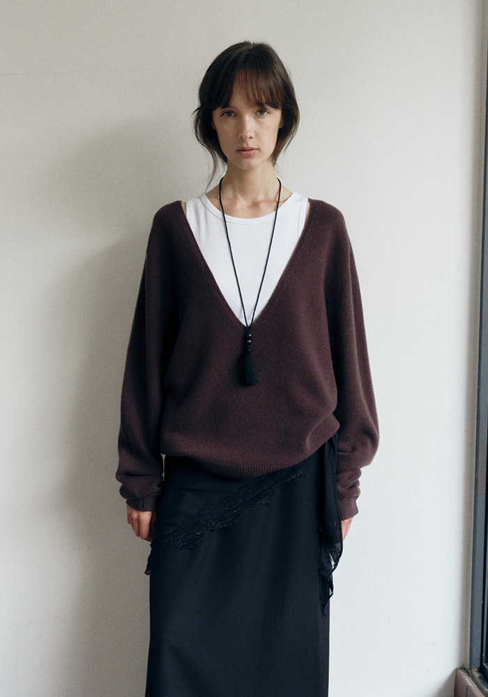 CASH WOOL DEEP V_NECK KNIT_RAISIN BROWN