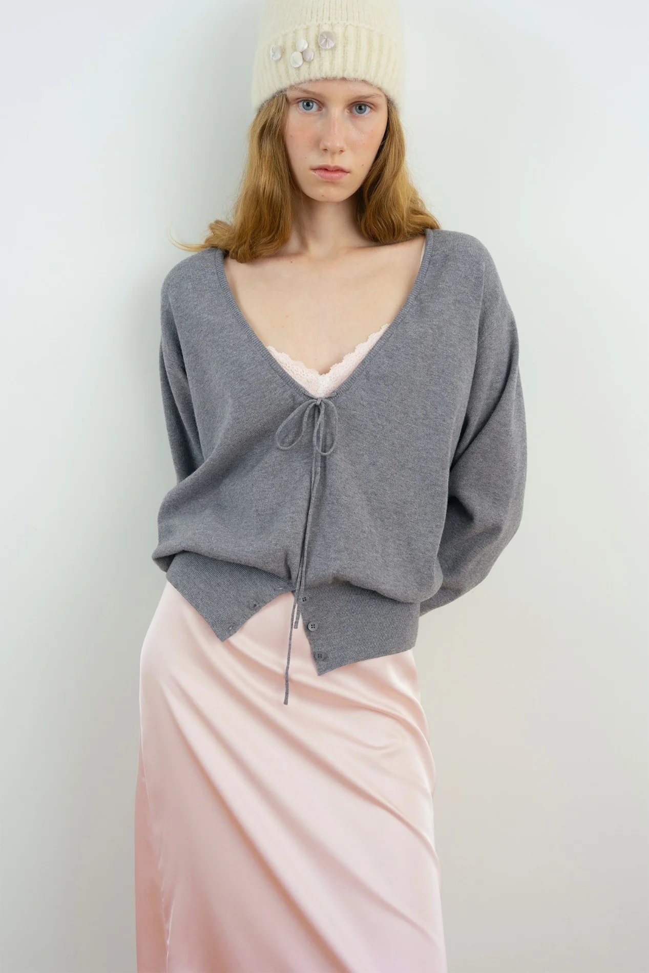 Layered Deep V-Neck Knit (Melange Grey)