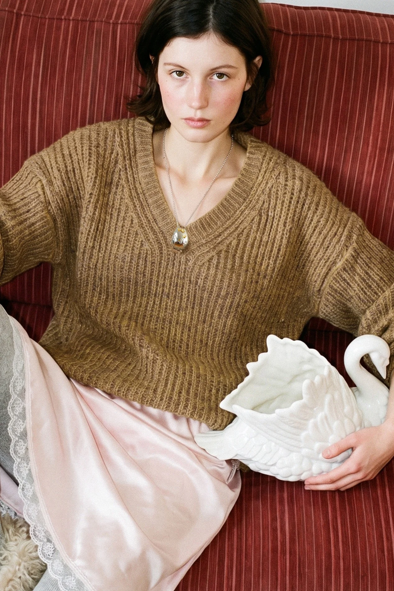 Fuzzy V-Neck Knit (Green Mix)