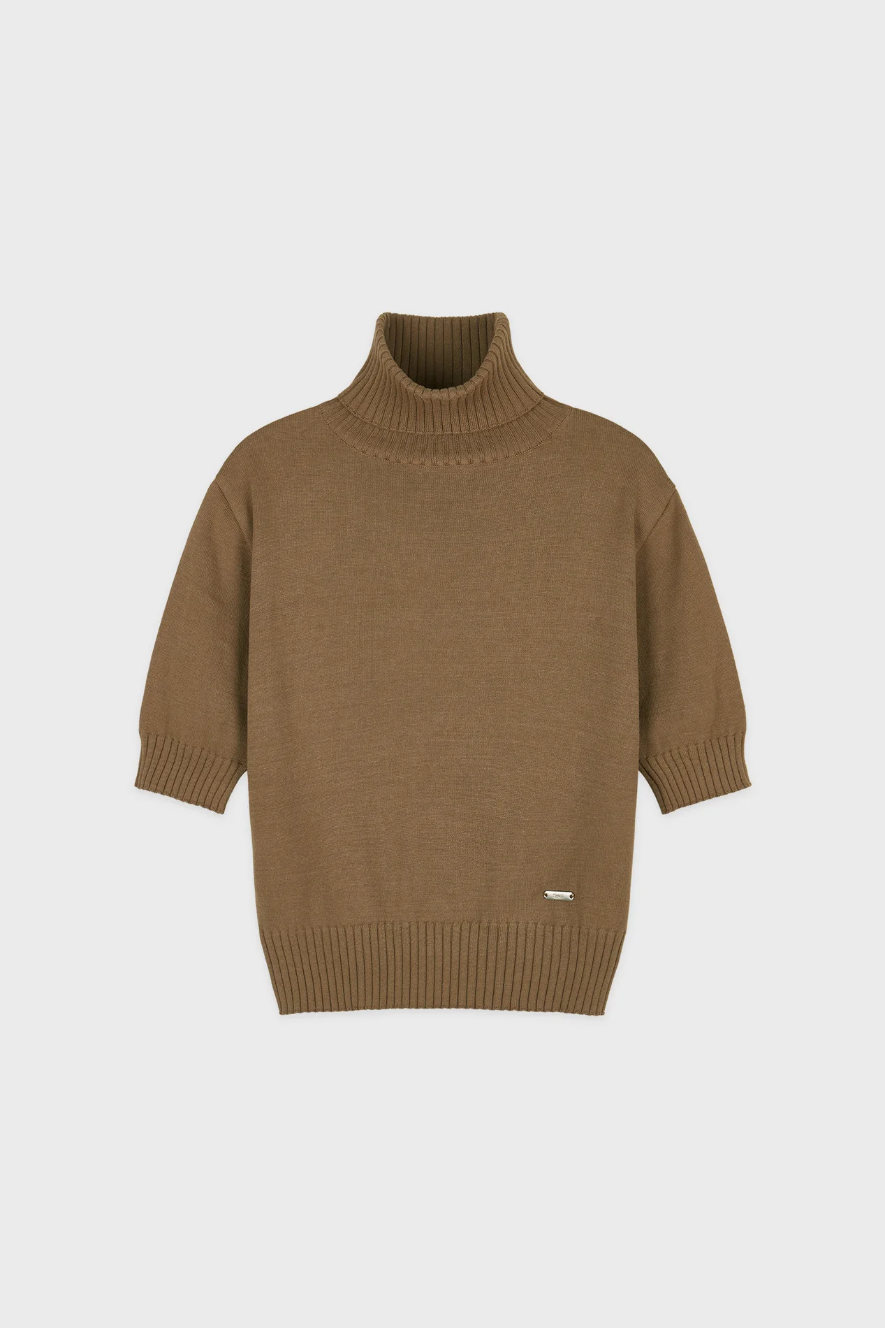 High-Neck Slim Fit Short-Sleeved Knit (Brown)