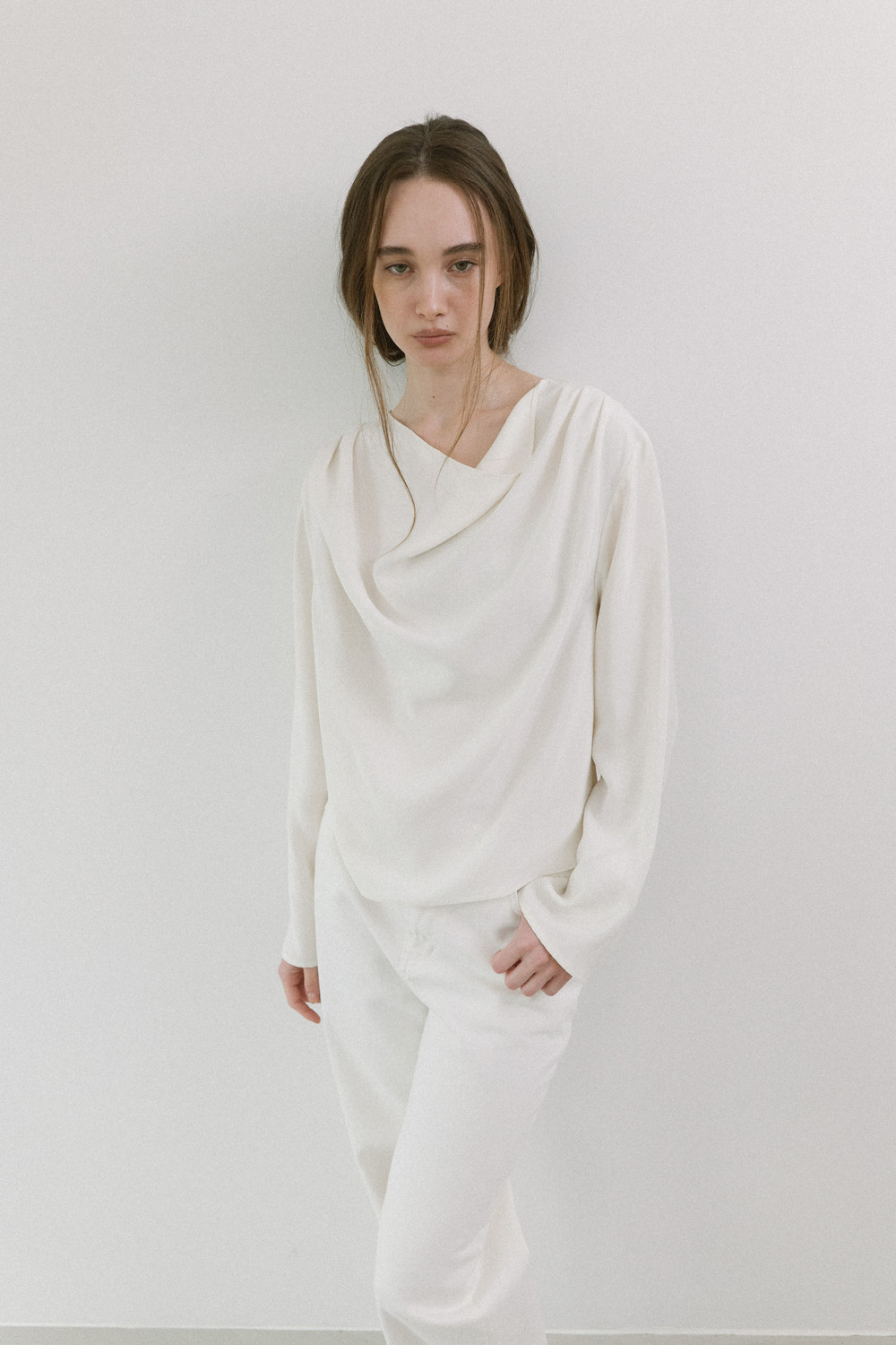 DRAPE BLOUSE [ IVORY / CHARCOAL ] - EHA 에하
