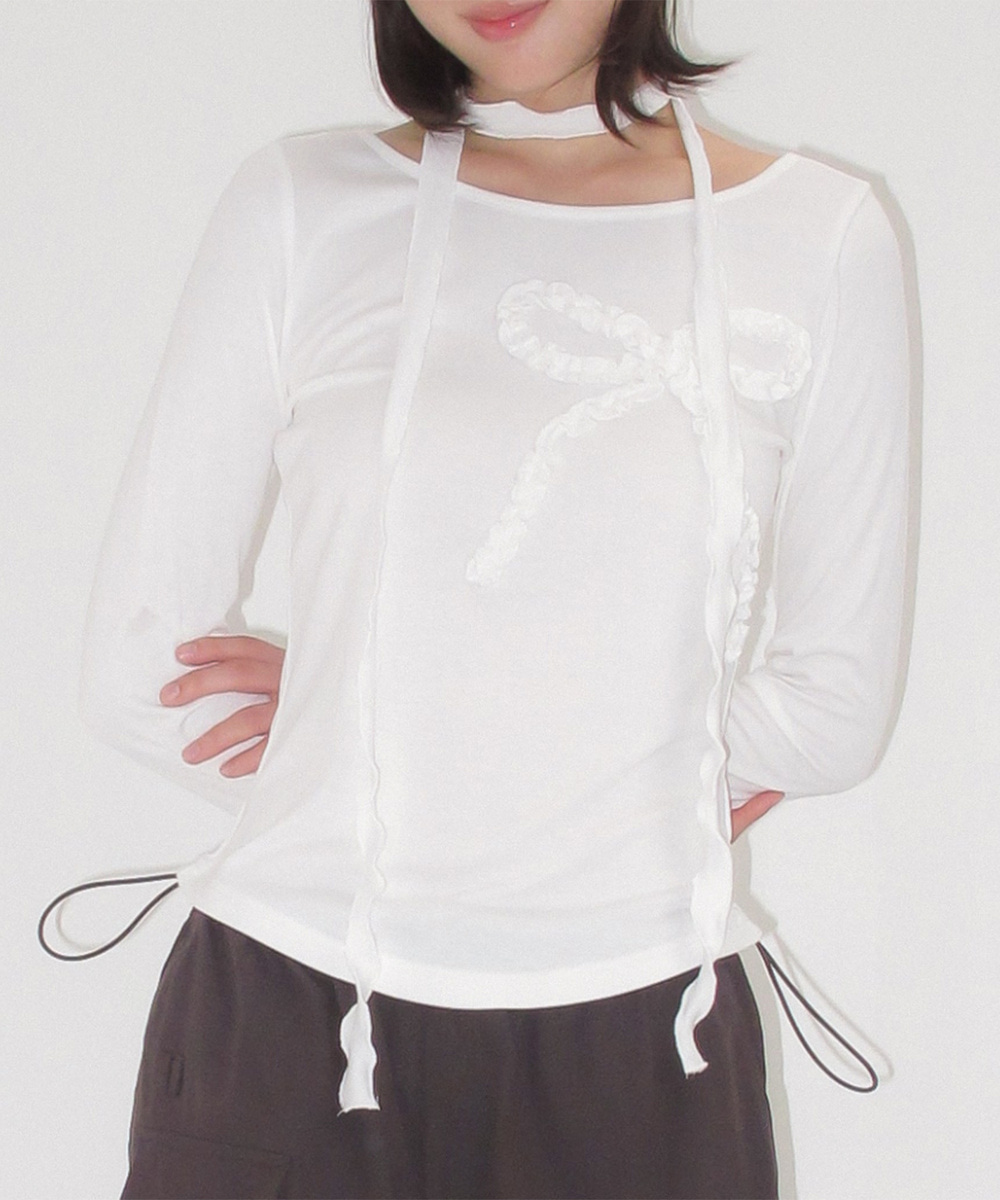 론론 PETIT SCARF SET RIBBON SHIRRING LONG SLEEVE WHITE 상품 이미지 1