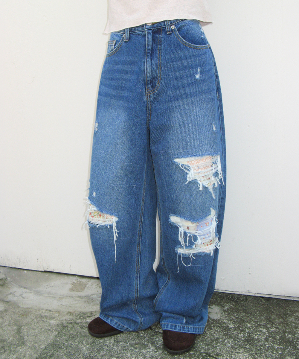 론론 DESTROYED PATCHWORK DENIM PANTS MEDIUM BLUE 상품 이미지 1