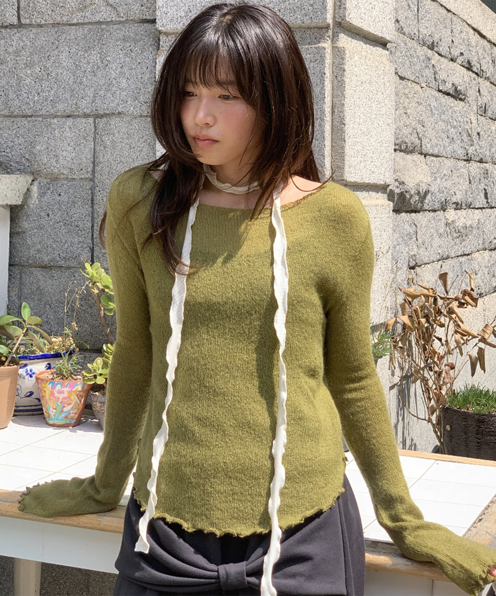 SHEER WAVY BOAT NECK KNIT OLIVE