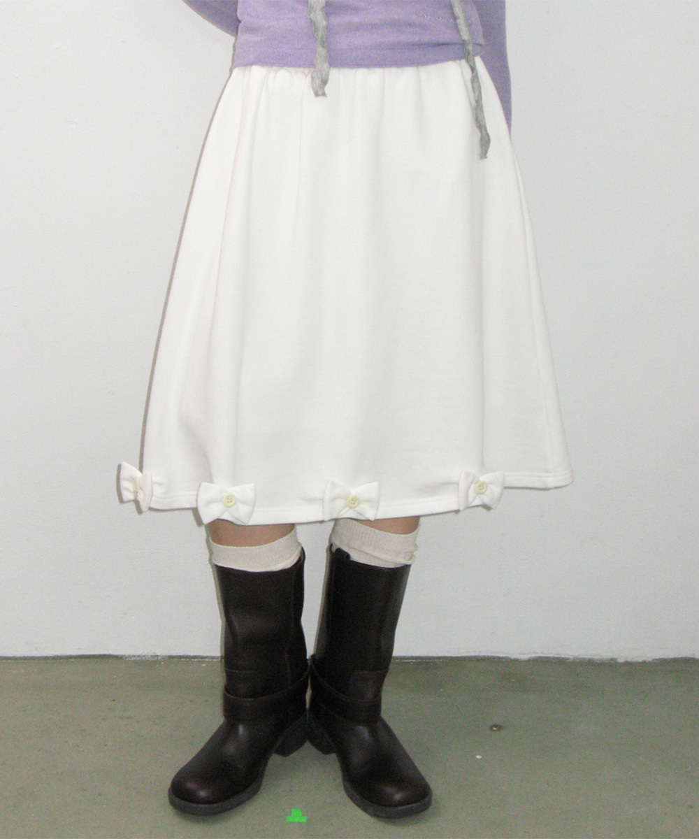 BUTTON RIBBON SWEAT MIDI SKIRT WHITE