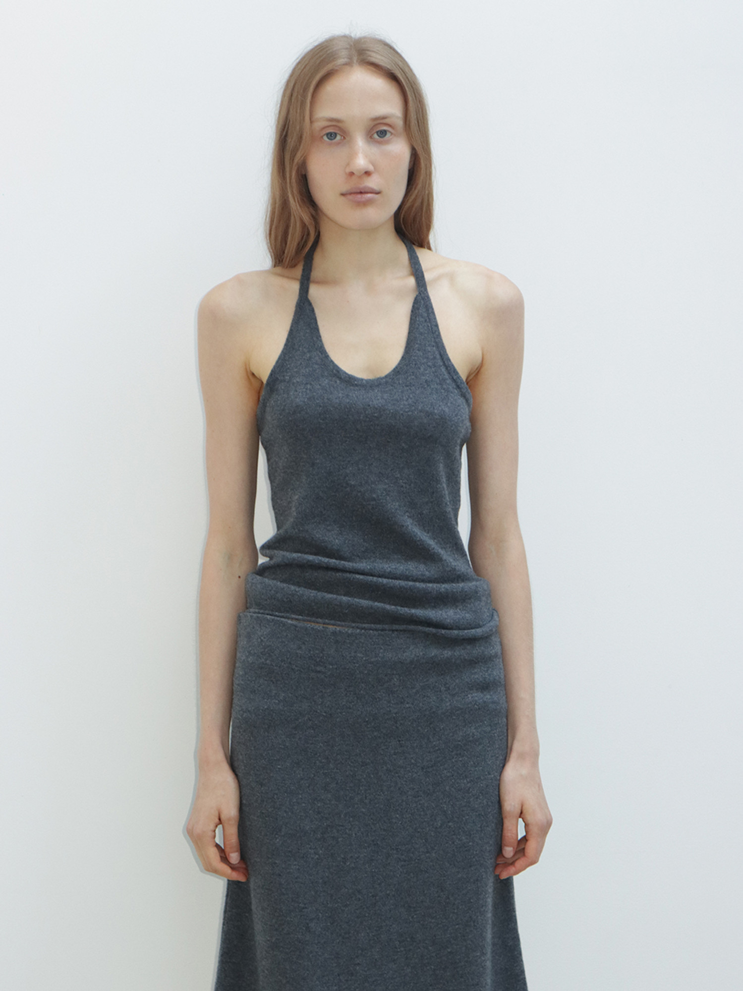 KNITTED CASHMERE WOOL HALTER TOP [LIGHT GREY, DARK GREY]