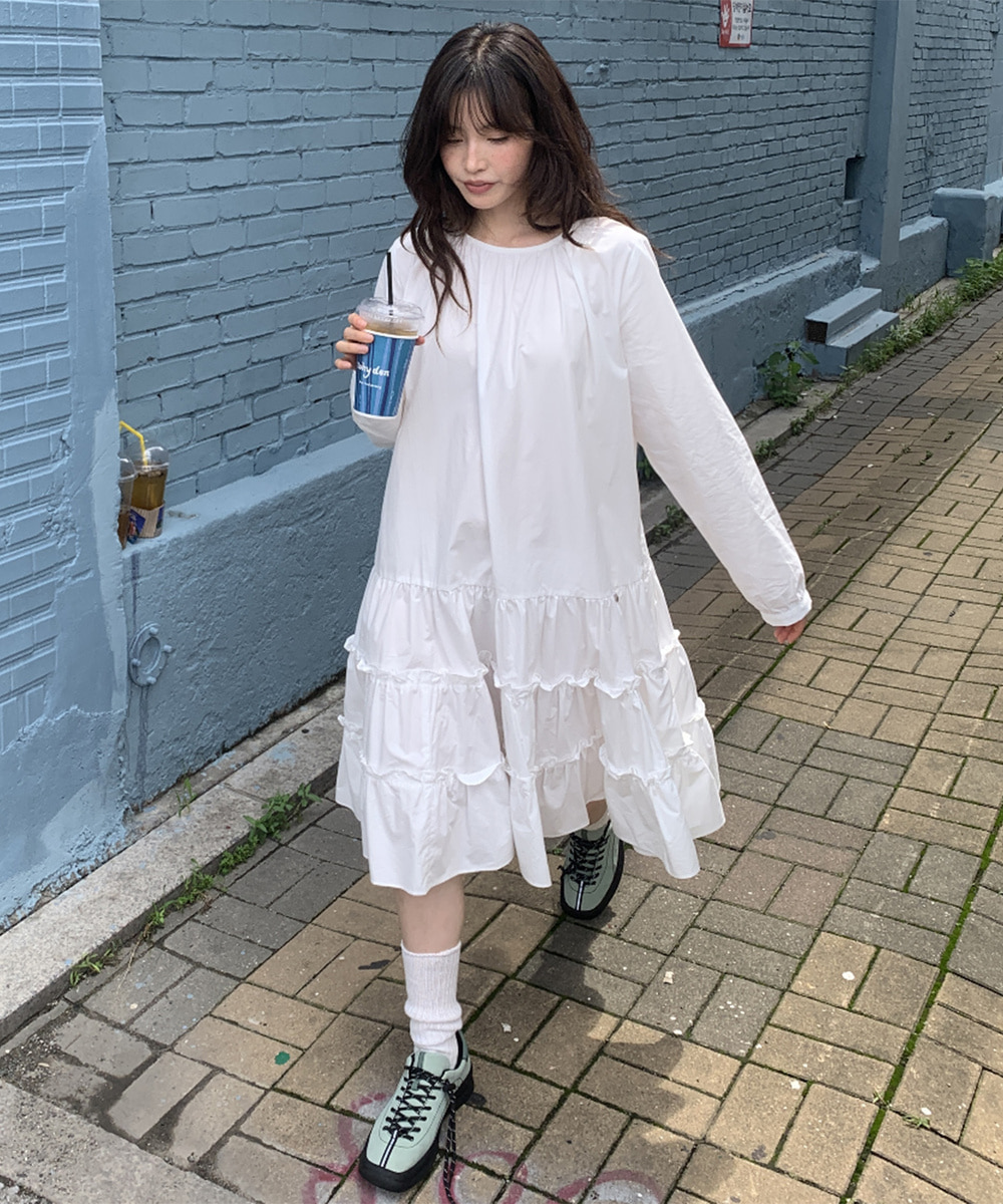 SHIRRING PUFF RUFFLE DRESS WHITE