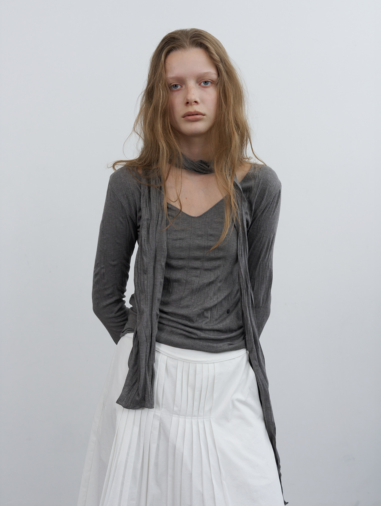 [2nd] Index wrinkle top (scarf set) - charcoal