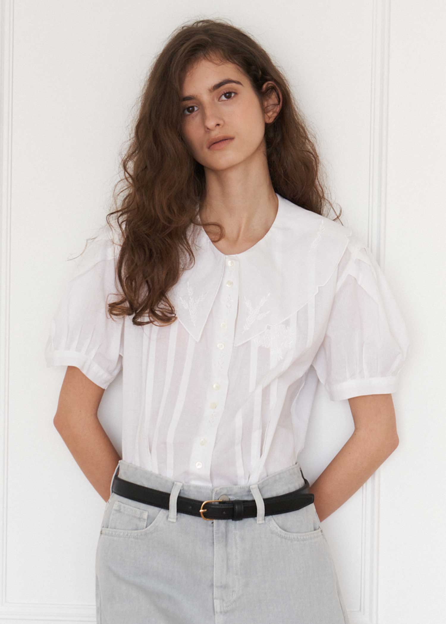 더라이 Collar Pin-Tuck Blouse(White) 상품 이미지 1