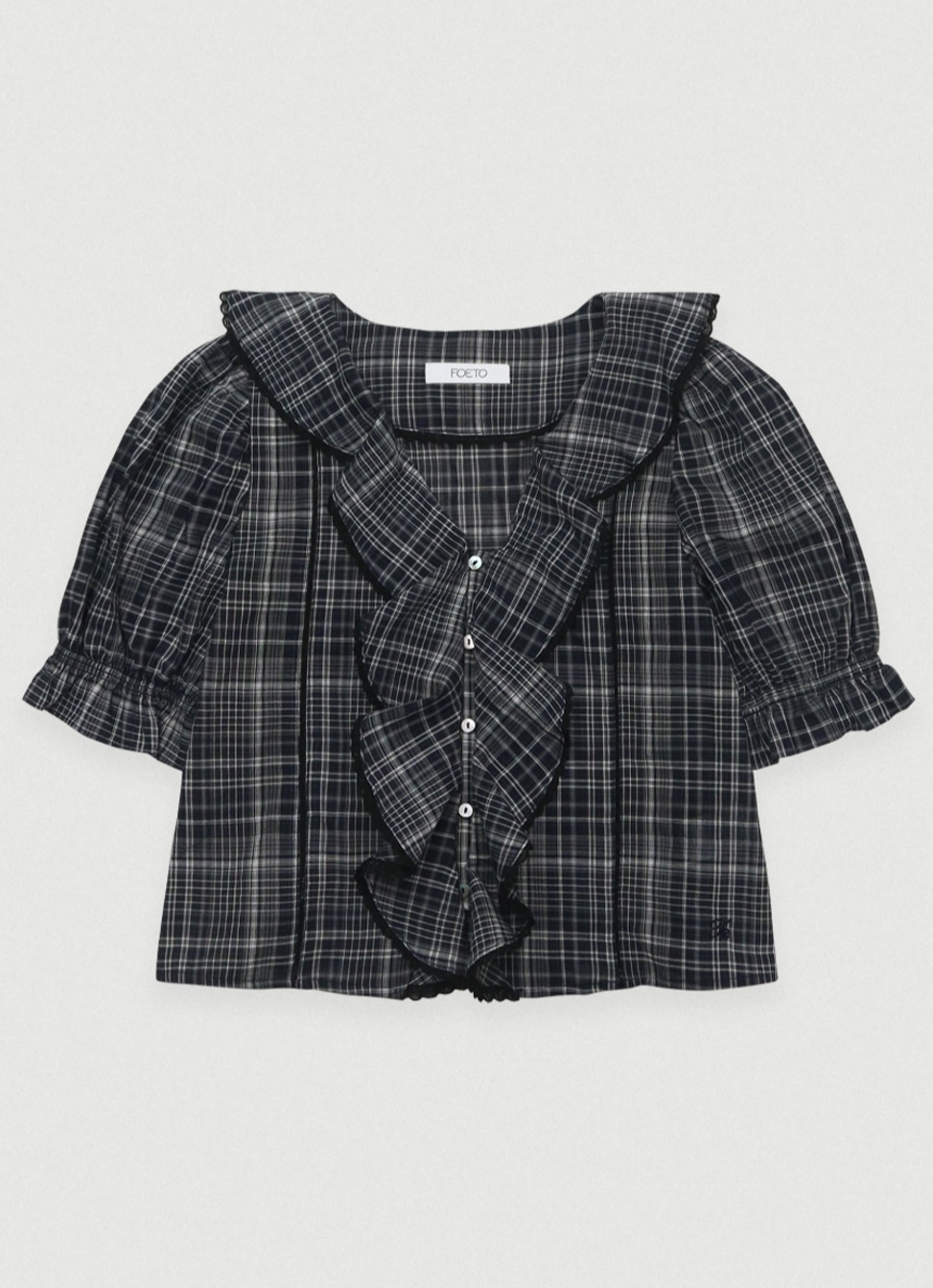 [3rd/2주이상소요] Soft pure ruffle blouse - check navy