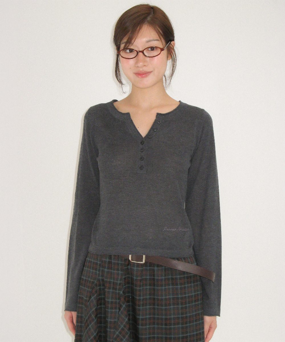 [9/29 순차배송] SHEER HENLEY NECK KNIT CHARCOAL