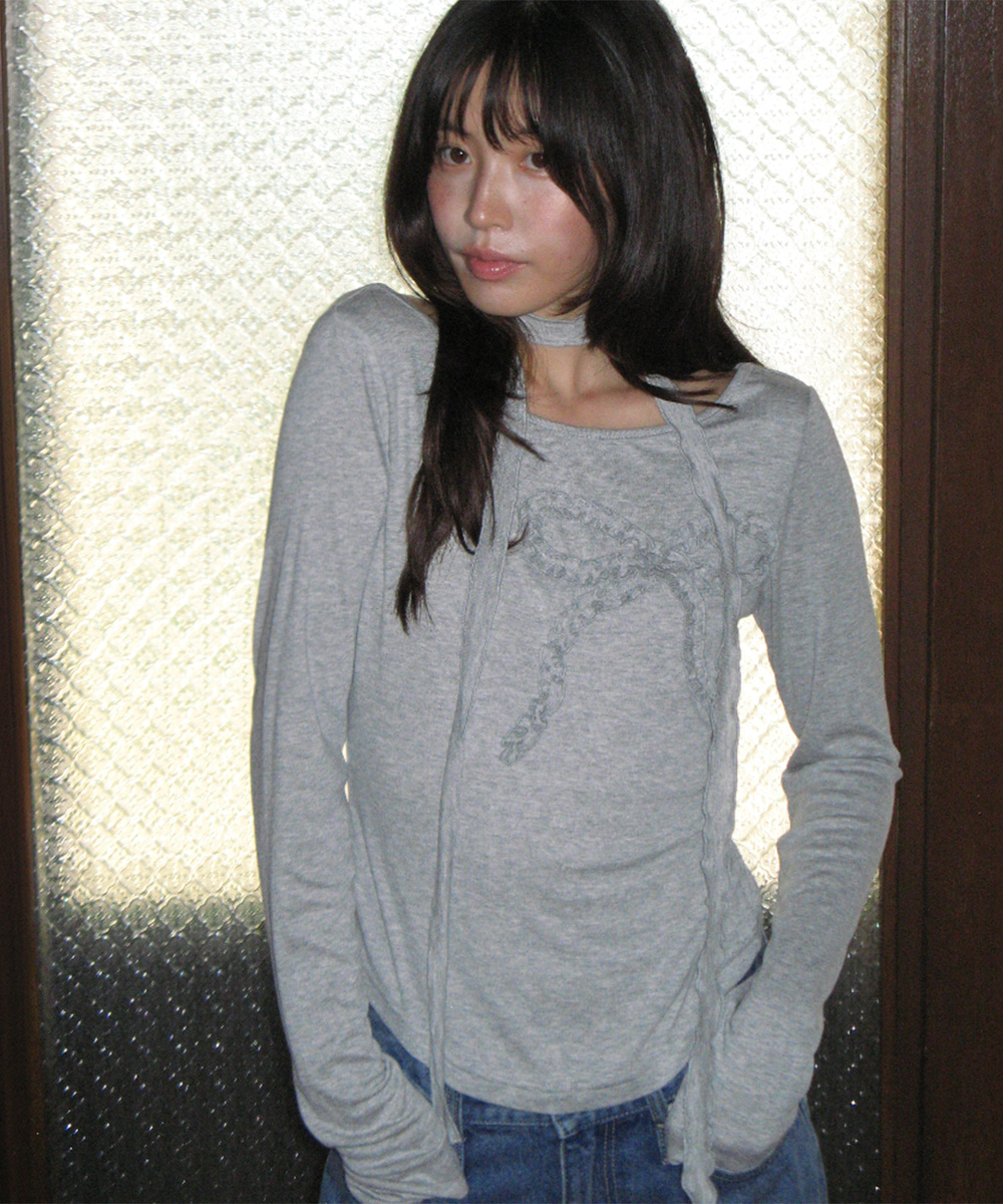 PETIT SCARF SET RIBBON SHIRRING LONG SLEEVE GREY