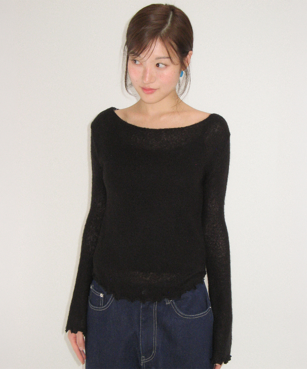 SHEER WAVY BOAT NECK KNIT BLACK