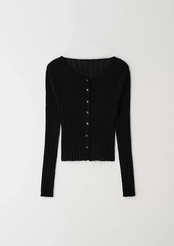 linen blended ribbed knit cardigan-black