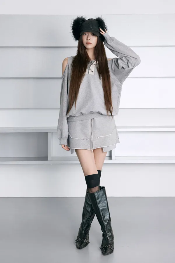 Front Zip Layered Jersey Mini Skirt [ Melange Gray ]