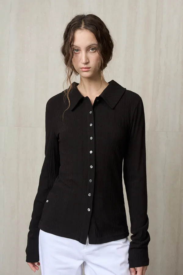 KNIT RIBBED SHIRT TOP BLACK
