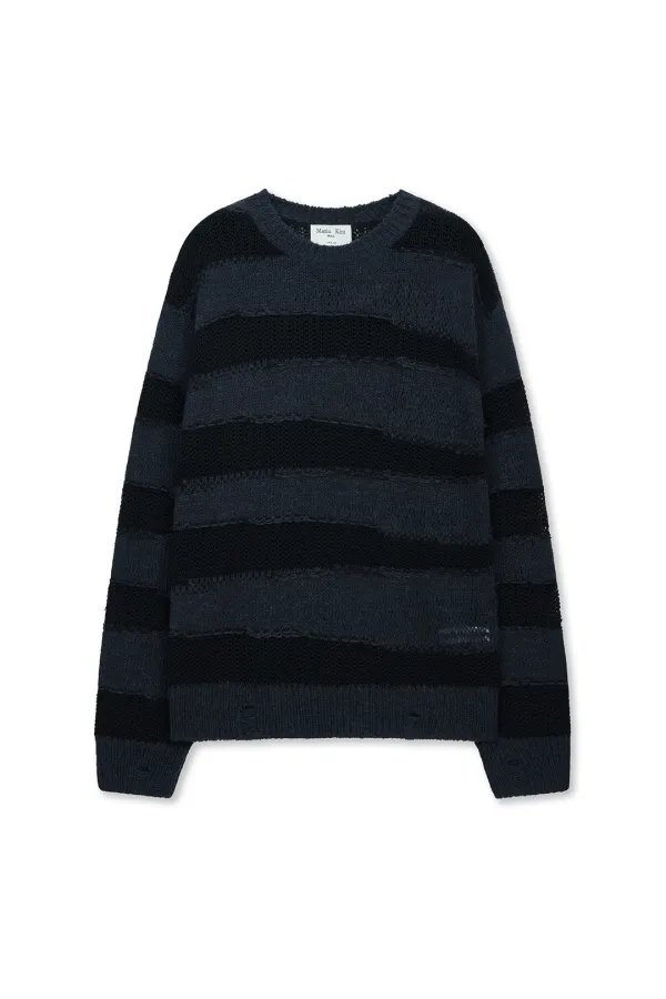 TEXTURE BLOCK STRIPE KNIT PULLOVER IN NAVY
