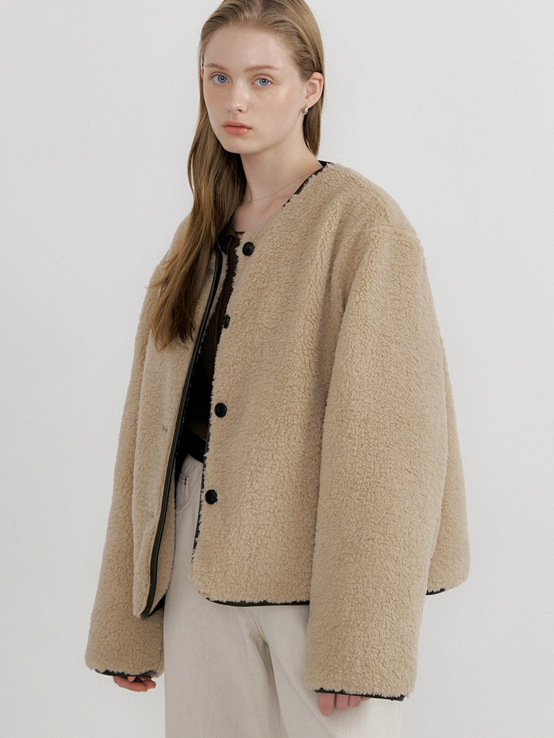 아워코모스 comos 1610 leather piping boucle jumper (beige) 상품 이미지 2