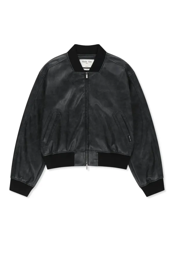 FAUX LEATHER RIB COLLAR BLOUSON FOR WOMEN IN BLACK