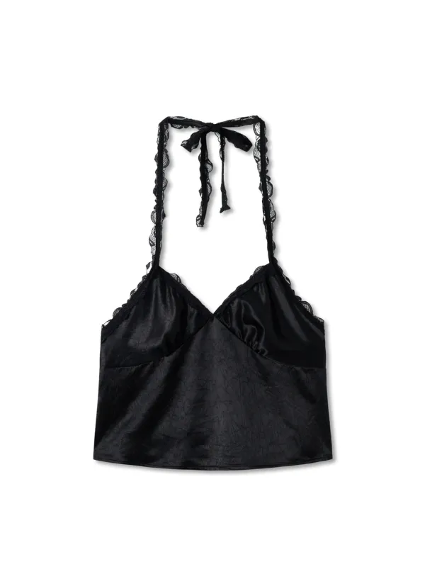 LACE TRIM HALTER BLOUSE (BLACK)