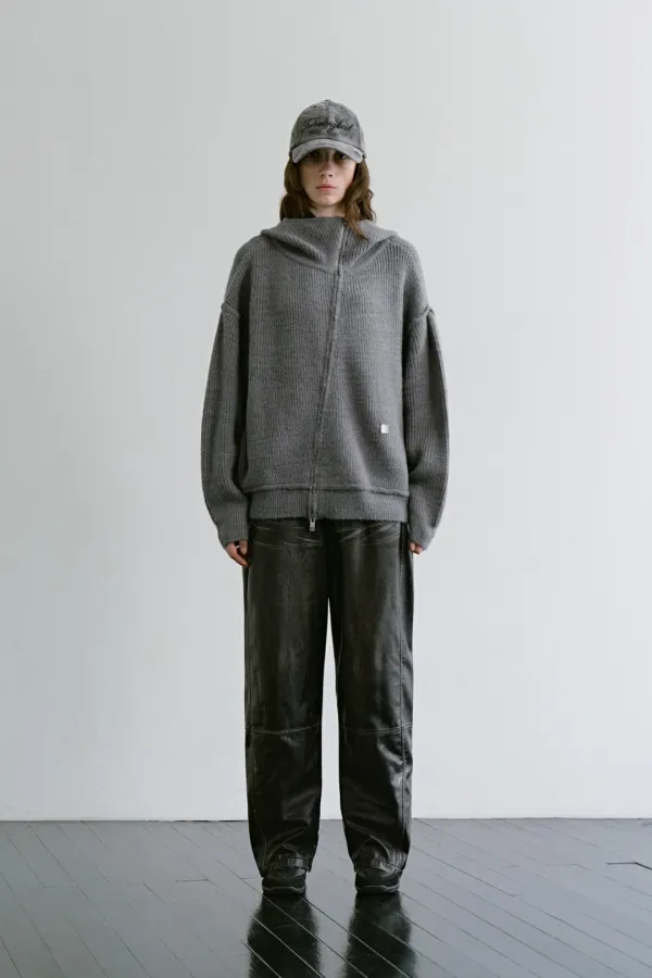 Diagonal Zip-up Knit Hoodie [ Gray ]
