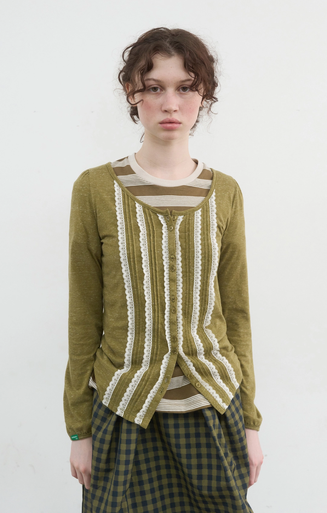 노컨텐츠 408. Pintuck Lace Cardigan_Olive 상품 이미지 1