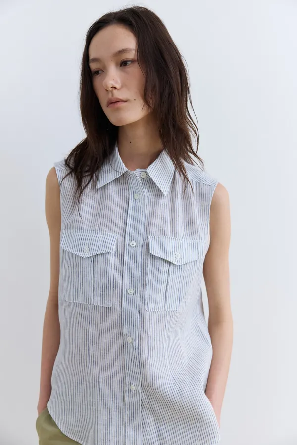 marina linen sleeveless shirt_white stripe