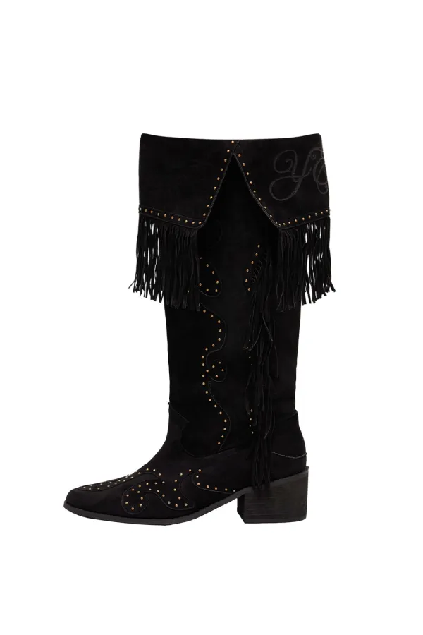 STUDDED SUEDE FRINGE BOOTS BLACK