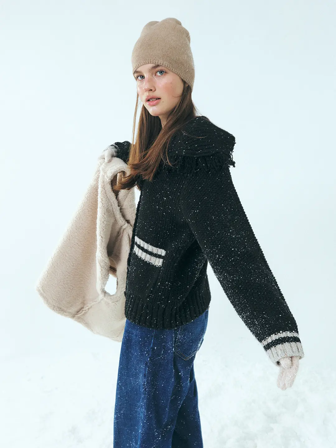 에트몽 Fringe Sailor Wool Knit Cardigan, Black 상품 이미지 2