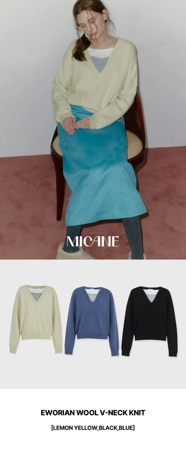 [44-120] Eworian Wool V-neck Knit 엘로리안 울 브이넥 레이어드 니트 (겨울-가을-딥브이넥-레이어드-울혼방-데일리-캐주얼-오버핏-출근룩-배색포인트-긴팔니트-롱슬리브-라운드넥-빅사이즈-자체제작)