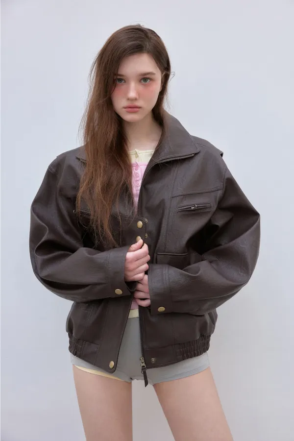 ANTIQUE HIGH NECK LEATHER JUMPER (BROWN)