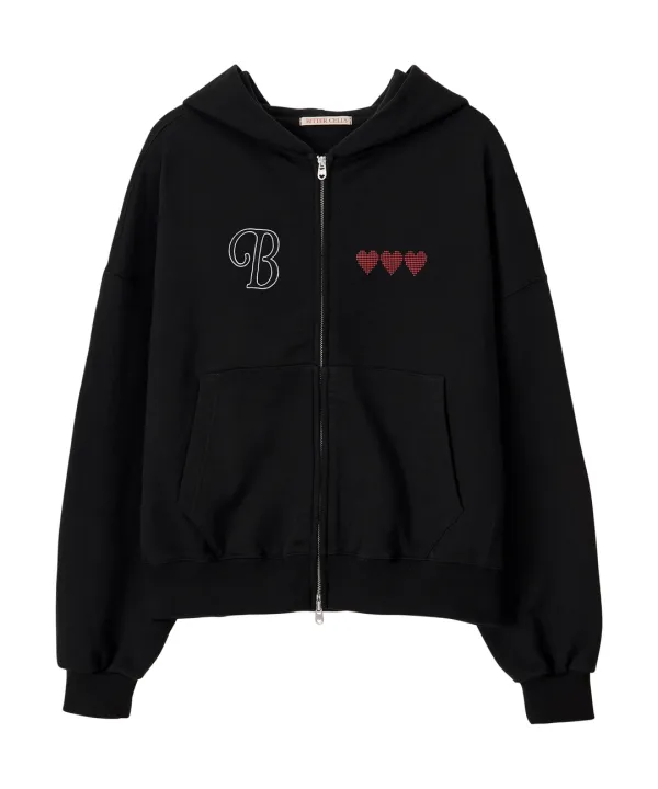 Scatter Heart Hood Zip Up-Black