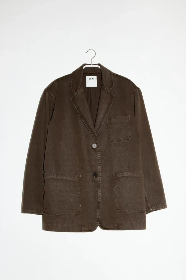 SINGLE BREASTED DENIM BLAZER - BROWN