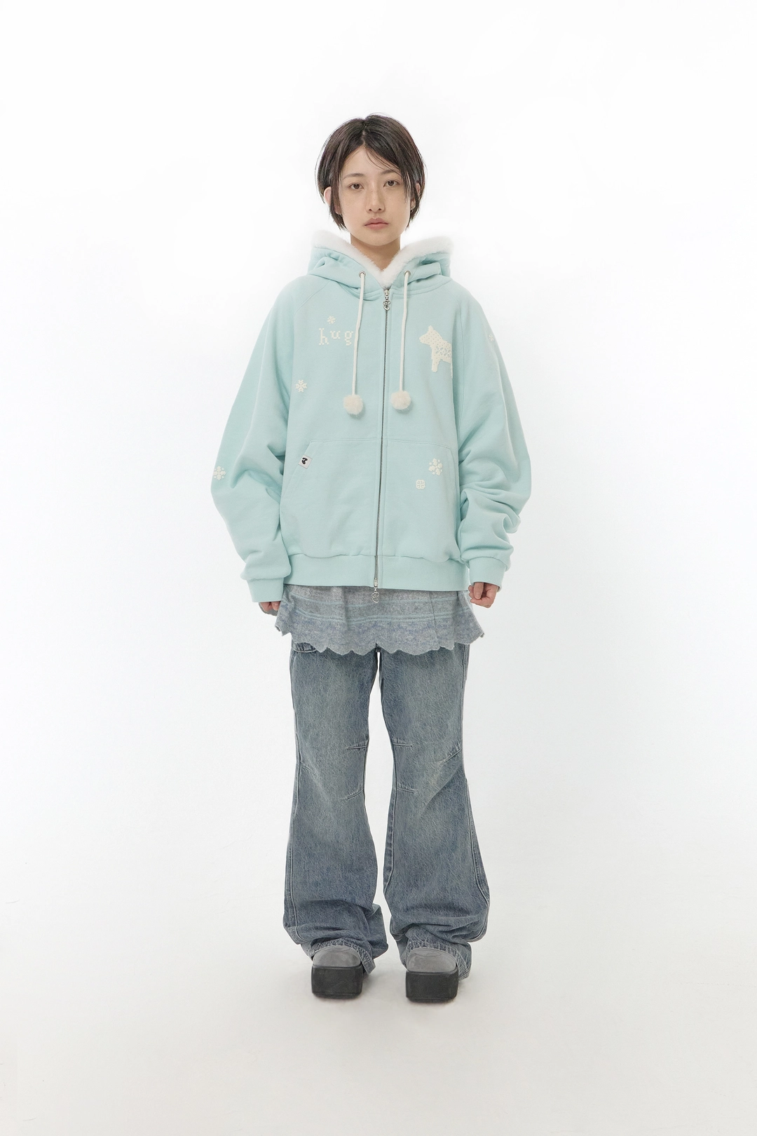허그유어스킨 Pixel fur hoodie zip-up (Mint) 상품 이미지 2