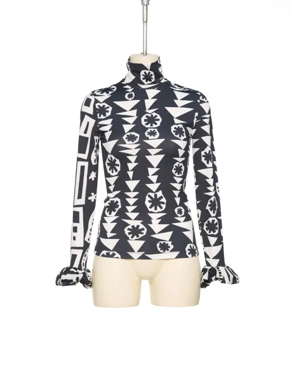 FW25 BLACK PATTERNED SCRUNCHIE SLEEVE JERSEY TOP