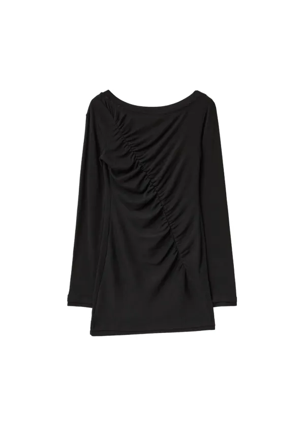 OBLIQUE SHIRRING MINI DRESS, BLACK