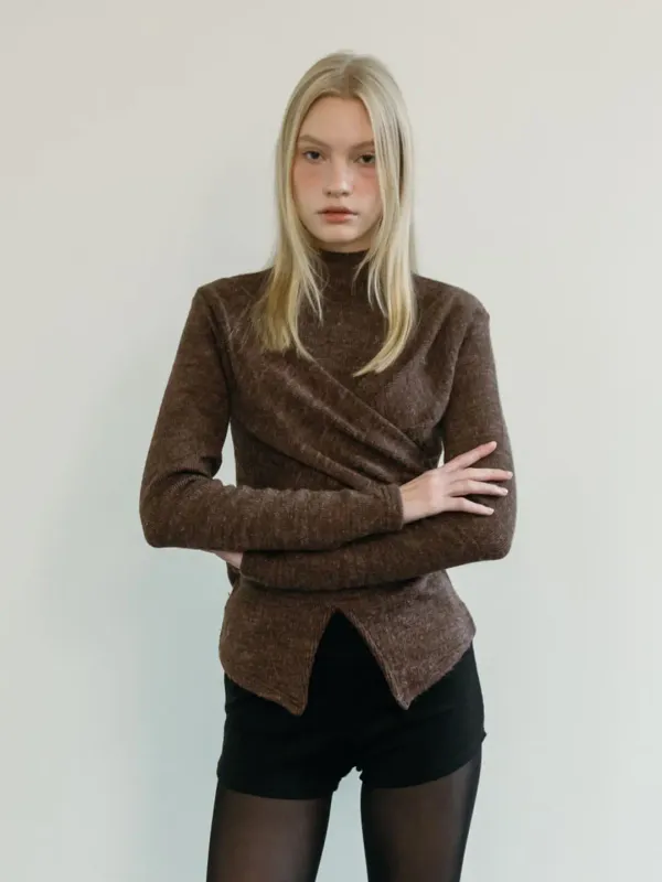 LAYERED WRAP T-SHIRT / BROWN