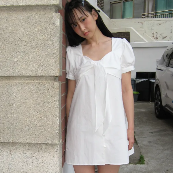 RIBBON BOW HALF SLEEVE DRESS WHITE