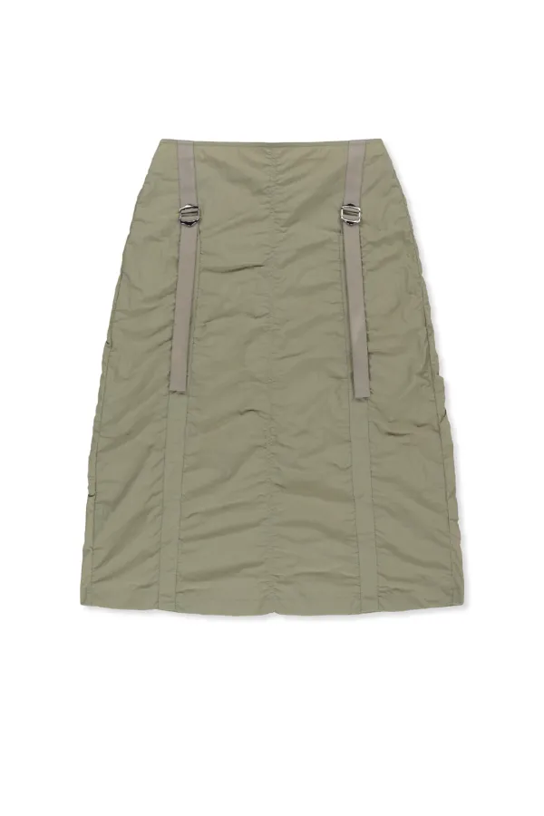 NYLON SHIRRING MIDI SKIRT IN LIGHT KHAKI