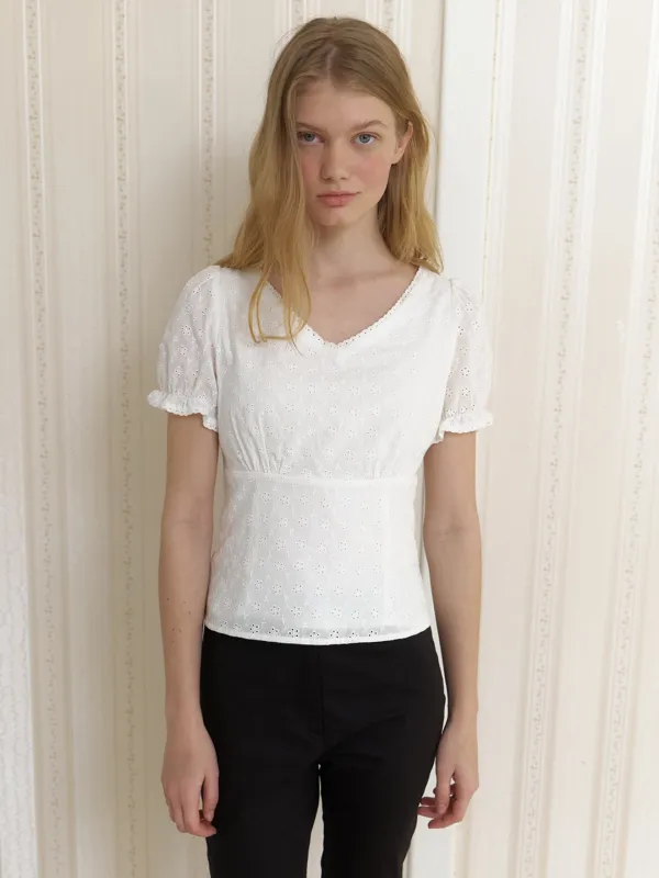 A EYELET V-NECK LACE BLOUSE_WHITE