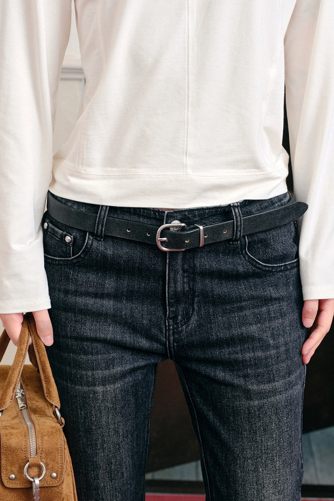 썬번프로젝트 REAL LEATHER SLIM BELT, BLACK 상품 이미지 1