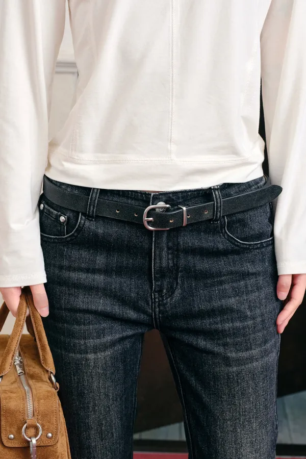 REAL LEATHER SLIM BELT, BLACK