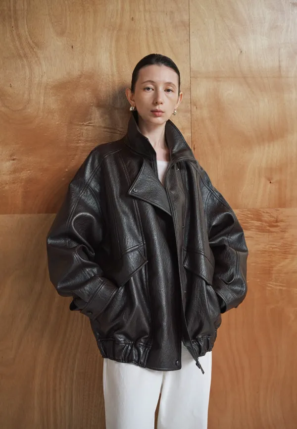 [10/7예약배송]LOOSE FIT HIGH NECK LEATHER JACKET_CHOCO BROWN