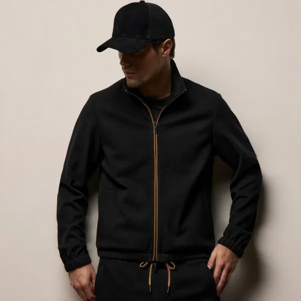 Brushed Cotton Suede Piped Track Jacket - Black/Whiskey