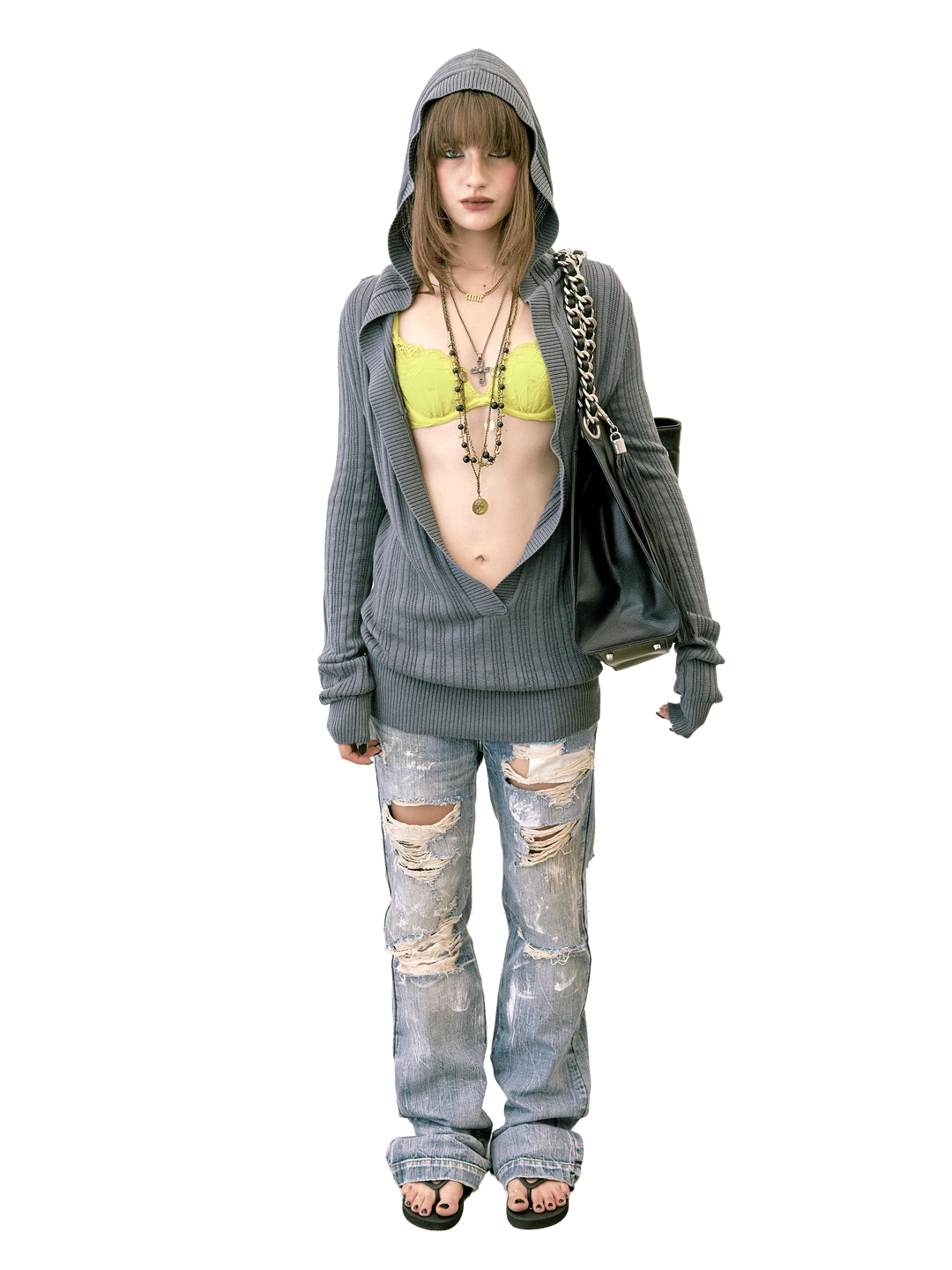 스컬프터 Deep V Cut Hooded Sweater Heather Charcoal 상품 이미지 1