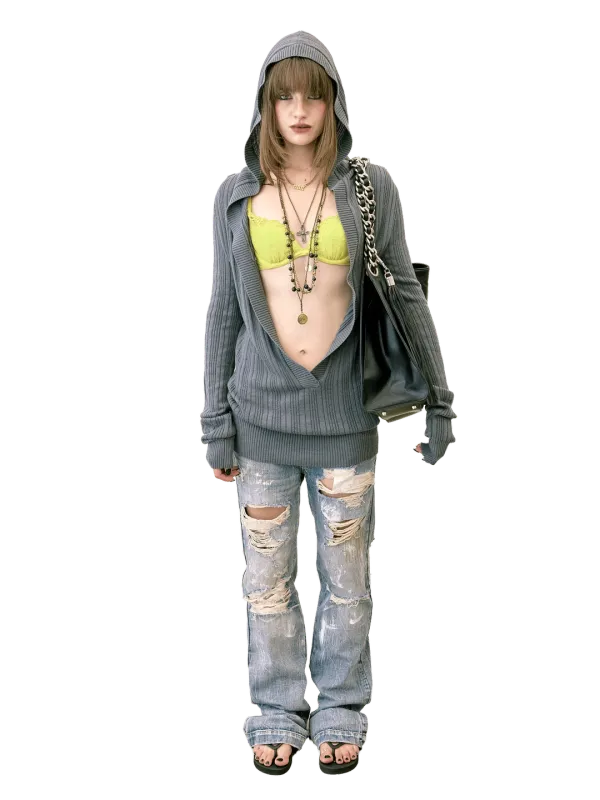 Deep V Cut Hooded Sweater Heather Charcoal